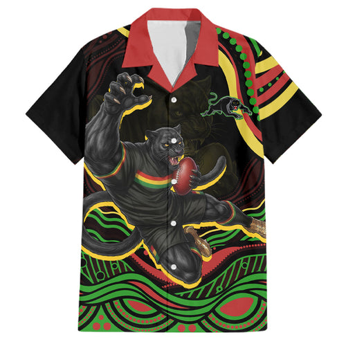 Personalized Penrith Panthers Rugby Mascot Family Matching Off The Shoulder Long Sleeve Dress and Hawaiian Shirt Aboriginal Dot Art - Dreamtime Rugby Mascot