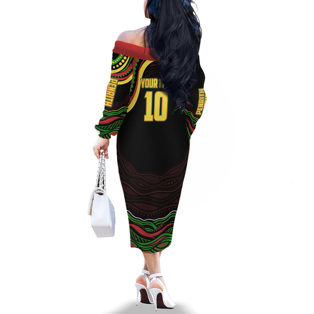 Personalized Penrith Panthers Rugby Mascot Family Matching Off The Shoulder Long Sleeve Dress and Hawaiian Shirt Aboriginal Dot Art - Dreamtime Rugby Mascot