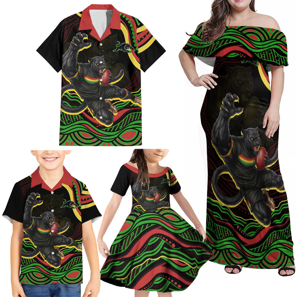 Personalized Penrith Panthers Rugby Mascot Family Matching Off Shoulder Maxi Dress and Hawaiian Shirt Aboriginal Dot Art - Dreamtime Rugby Mascot