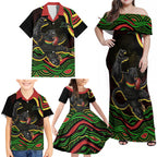 Personalized Penrith Panthers Rugby Mascot Family Matching Off Shoulder Maxi Dress and Hawaiian Shirt Aboriginal Dot Art - Dreamtime Rugby Mascot