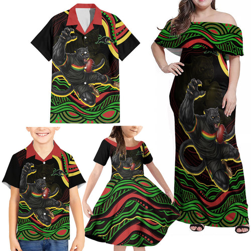 Personalized Penrith Panthers Rugby Mascot Family Matching Off Shoulder Maxi Dress and Hawaiian Shirt Aboriginal Dot Art - Dreamtime Rugby Mascot