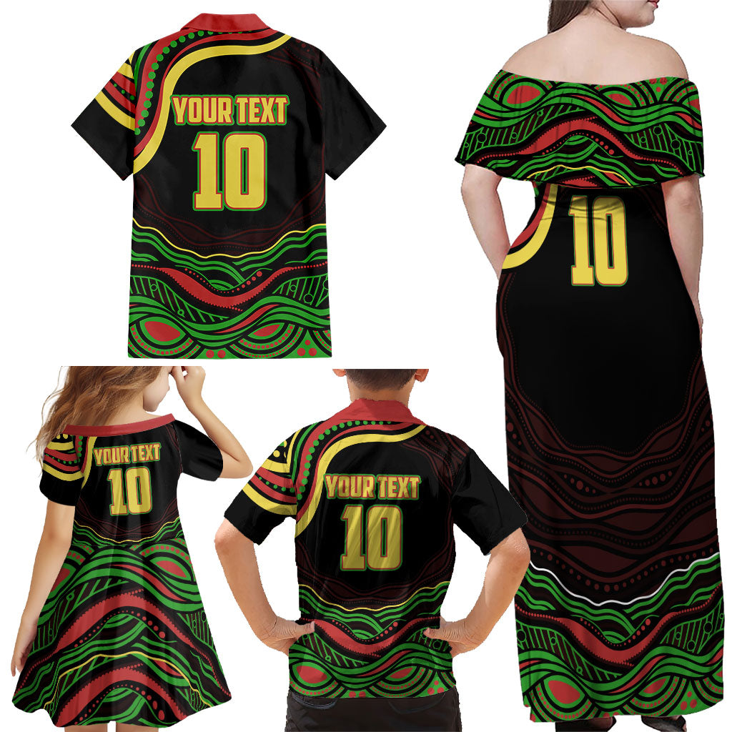 Personalized Penrith Panthers Rugby Mascot Family Matching Off Shoulder Maxi Dress and Hawaiian Shirt Aboriginal Dot Art - Dreamtime Rugby Mascot