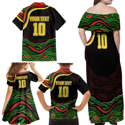 Personalized Penrith Panthers Rugby Mascot Family Matching Off Shoulder Maxi Dress and Hawaiian Shirt Aboriginal Dot Art - Dreamtime Rugby Mascot