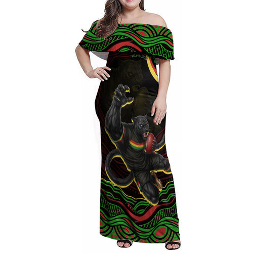 Personalized Penrith Panthers Rugby Mascot Family Matching Off Shoulder Maxi Dress and Hawaiian Shirt Aboriginal Dot Art - Dreamtime Rugby Mascot