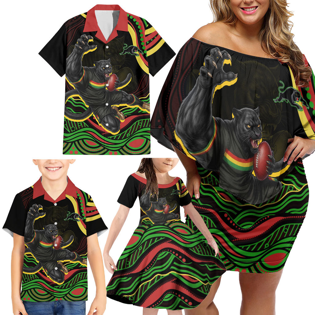 Personalized Penrith Panthers Rugby Mascot Family Matching Off Shoulder Short Dress and Hawaiian Shirt Aboriginal Dot Art - Dreamtime Rugby Mascot