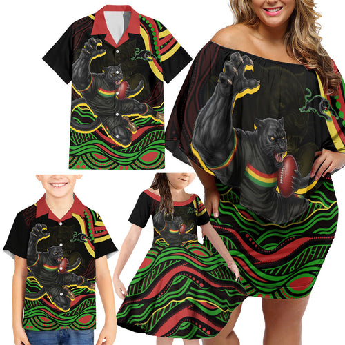 Personalized Penrith Panthers Rugby Mascot Family Matching Off Shoulder Short Dress and Hawaiian Shirt Aboriginal Dot Art - Dreamtime Rugby Mascot