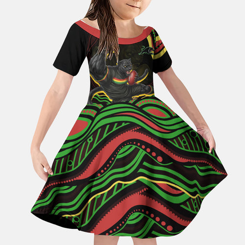 Personalized Penrith Panthers Rugby Mascot Family Matching Off Shoulder Short Dress and Hawaiian Shirt Aboriginal Dot Art - Dreamtime Rugby Mascot