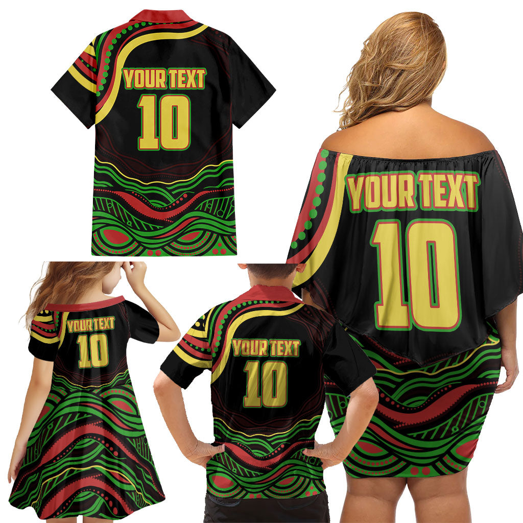 Personalized Penrith Panthers Rugby Mascot Family Matching Off Shoulder Short Dress and Hawaiian Shirt Aboriginal Dot Art - Dreamtime Rugby Mascot