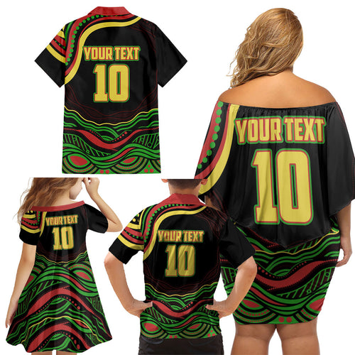 Personalized Penrith Panthers Rugby Mascot Family Matching Off Shoulder Short Dress and Hawaiian Shirt Aboriginal Dot Art - Dreamtime Rugby Mascot