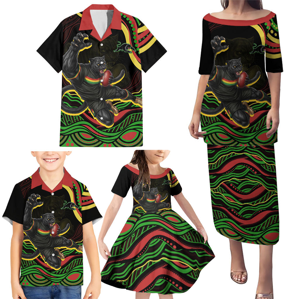 Personalized Penrith Panthers Rugby Mascot Family Matching Puletasi and Hawaiian Shirt Aboriginal Dot Art - Dreamtime Rugby Mascot