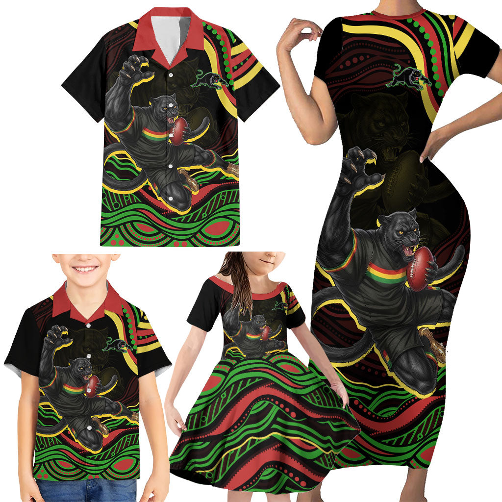 Personalized Penrith Panthers Rugby Mascot Family Matching Short Sleeve Bodycon Dress and Hawaiian Shirt Aboriginal Dot Art - Dreamtime Rugby Mascot