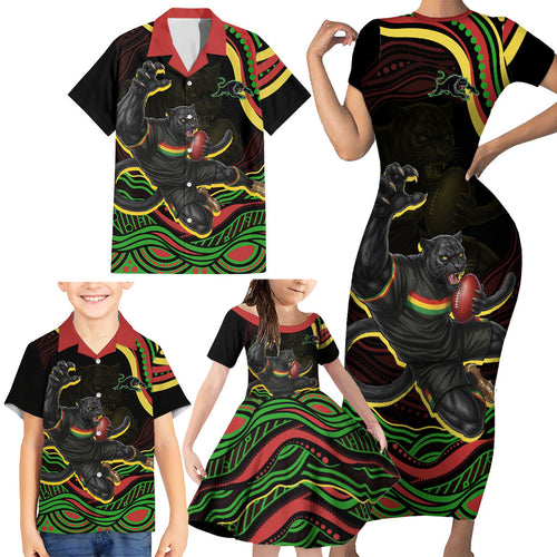 Personalized Penrith Panthers Rugby Mascot Family Matching Short Sleeve Bodycon Dress and Hawaiian Shirt Aboriginal Dot Art - Dreamtime Rugby Mascot