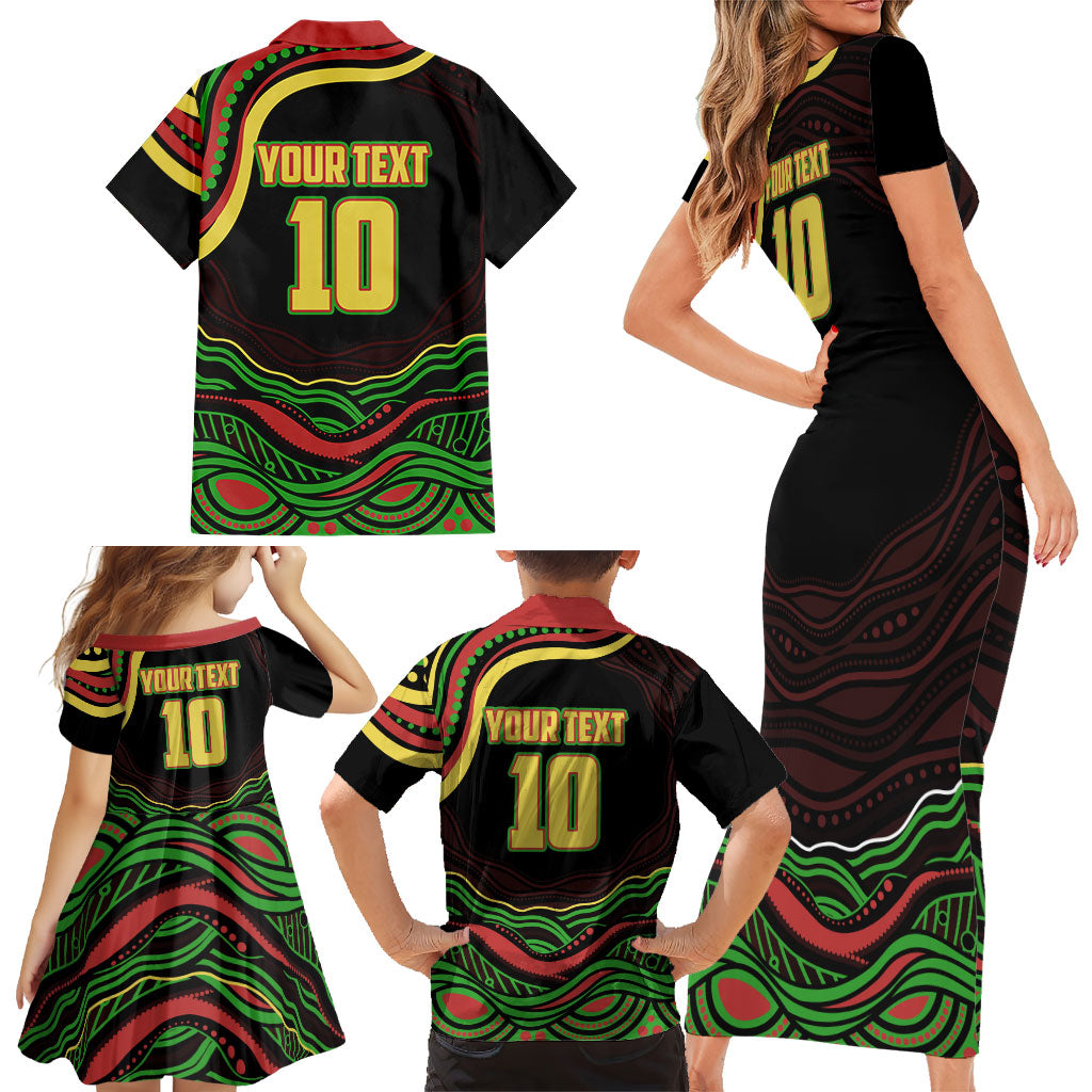 Personalized Penrith Panthers Rugby Mascot Family Matching Short Sleeve Bodycon Dress and Hawaiian Shirt Aboriginal Dot Art - Dreamtime Rugby Mascot