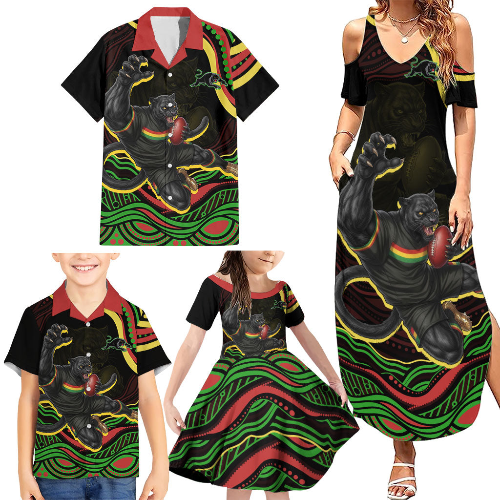 Personalized Penrith Panthers Rugby Mascot Family Matching Summer Maxi Dress and Hawaiian Shirt Aboriginal Dot Art - Dreamtime Rugby Mascot