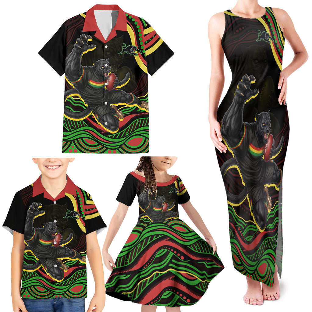 Personalized Penrith Panthers Rugby Mascot Family Matching Tank Maxi Dress and Hawaiian Shirt Aboriginal Dot Art - Dreamtime Rugby Mascot