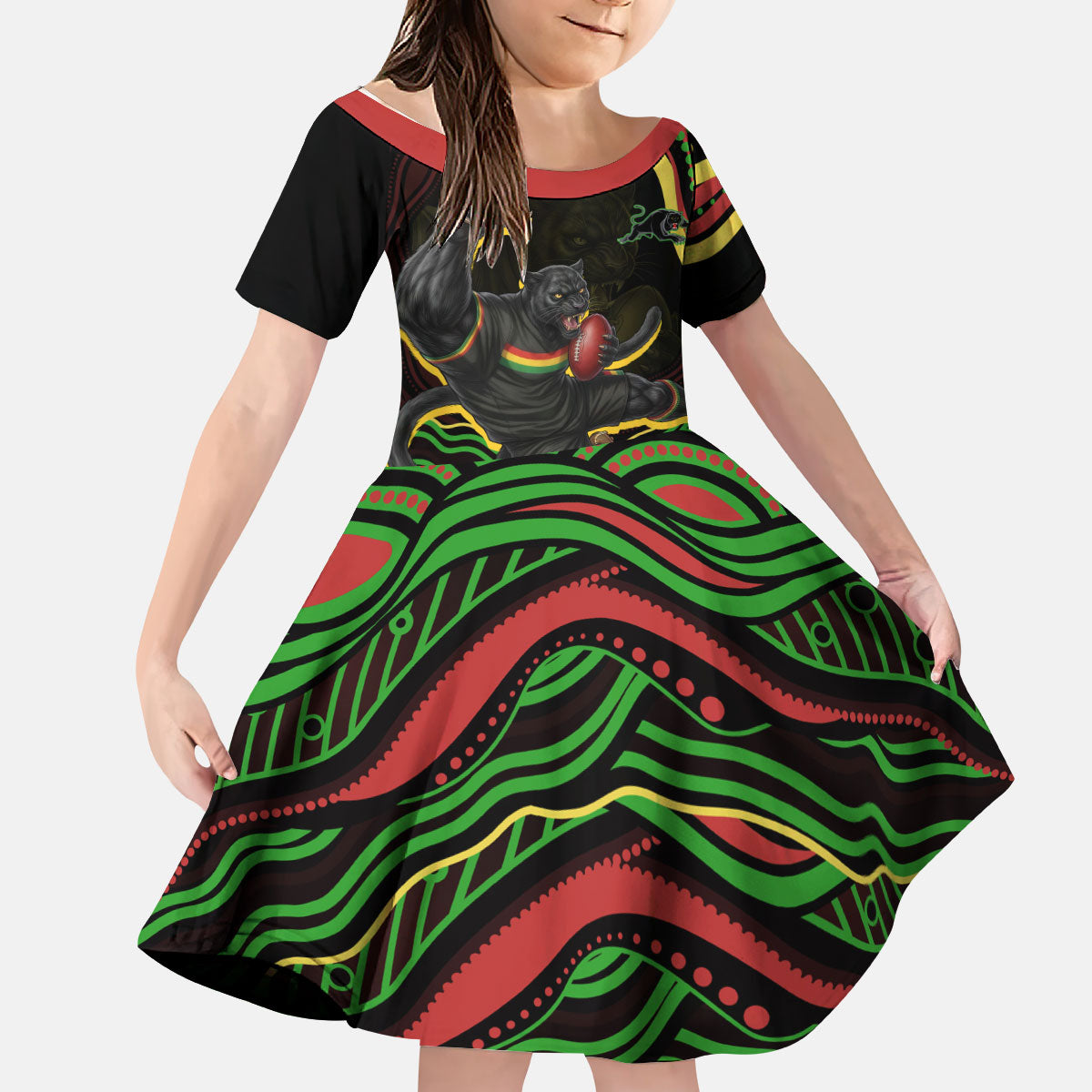 Personalized Penrith Panthers Rugby Mascot Kid Short Sleeve Dress Aboriginal Dot Art - Dreamtime Rugby Mascot