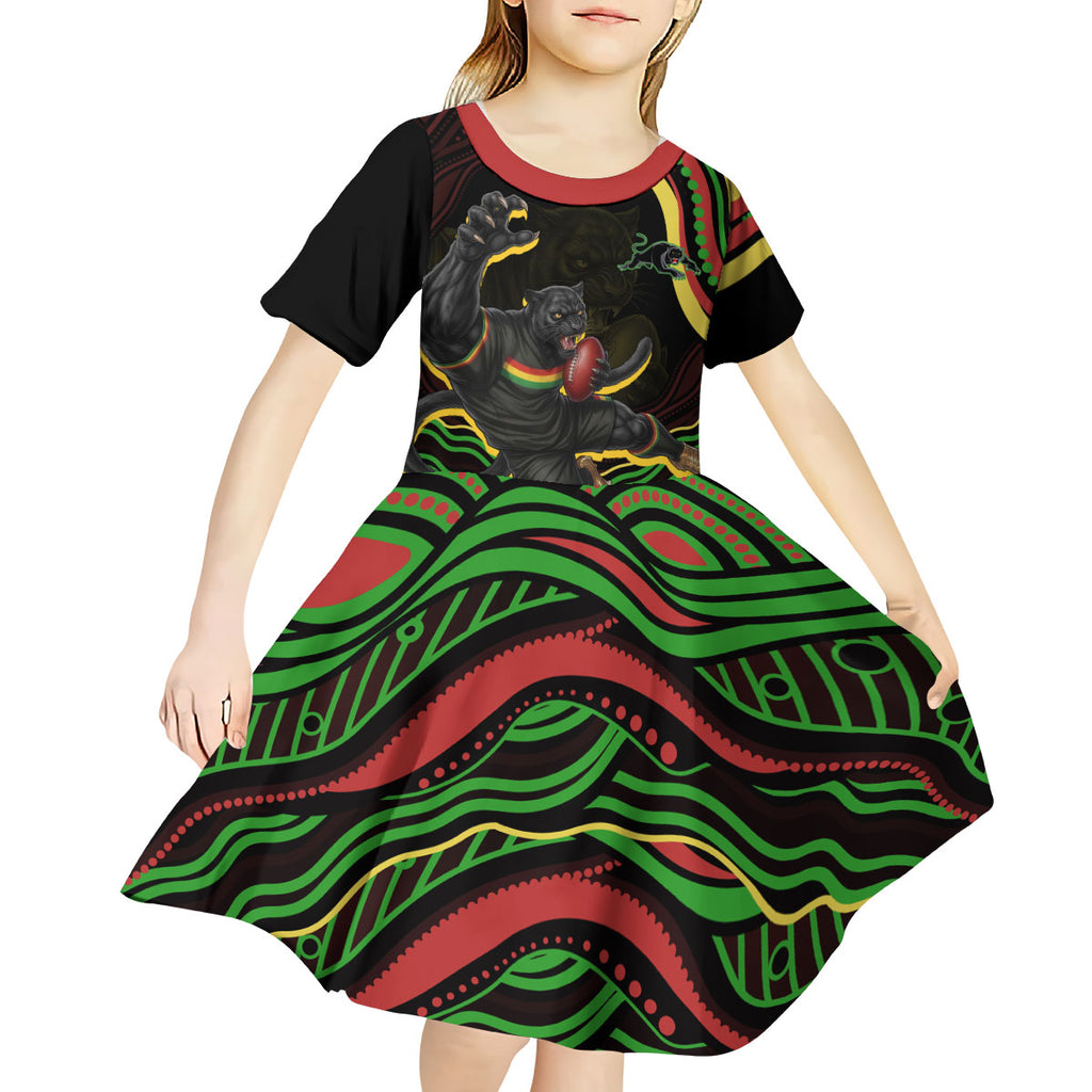 Personalized Penrith Panthers Rugby Mascot Kid Short Sleeve Dress Aboriginal Dot Art - Dreamtime Rugby Mascot