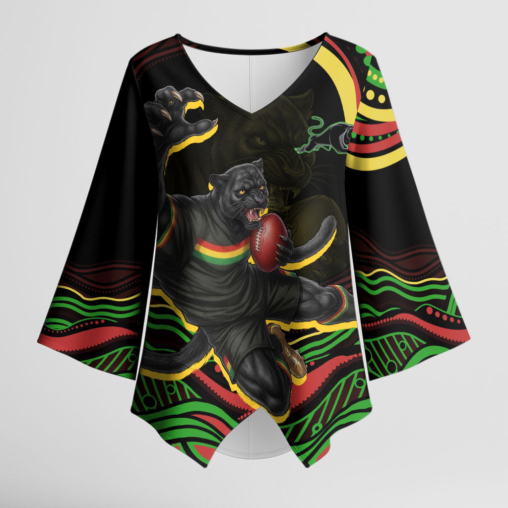 Personalized Penrith Panthers Rugby Mascot Kimono Sleeve Blouse Aboriginal Dot Art - Dreamtime Rugby Mascot