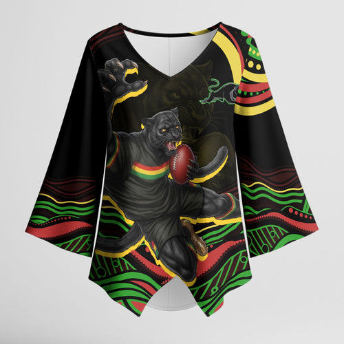 Personalized Penrith Panthers Rugby Mascot Kimono Sleeve Blouse Aboriginal Dot Art - Dreamtime Rugby Mascot