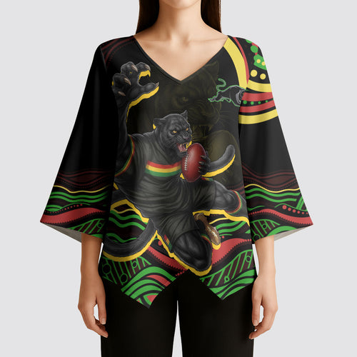 Personalized Penrith Panthers Rugby Mascot Kimono Sleeve Blouse Aboriginal Dot Art - Dreamtime Rugby Mascot