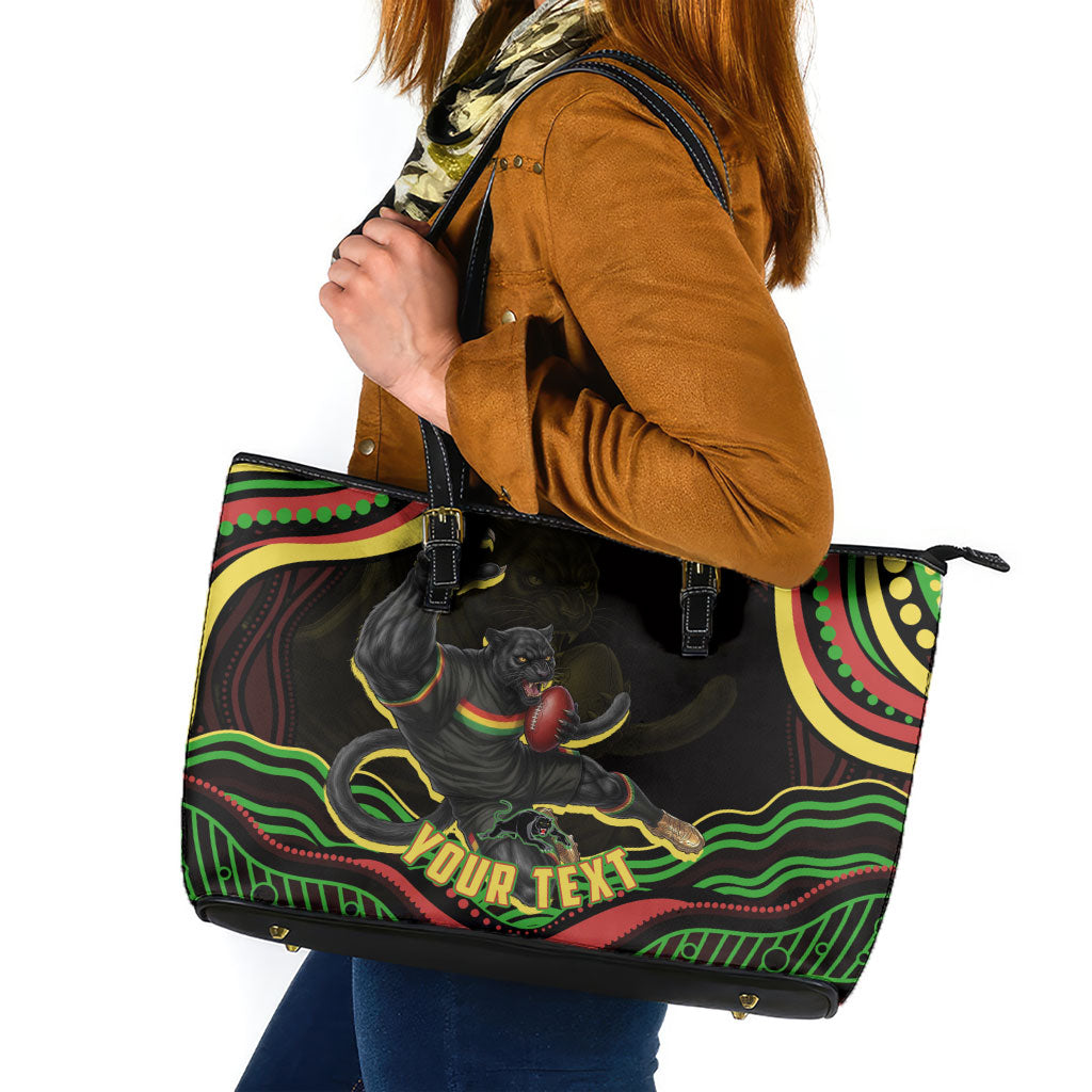 Personalized Penrith Panthers Rugby Mascot Leather Tote Bag Aboriginal Dot Art - Dreamtime Rugby Mascot