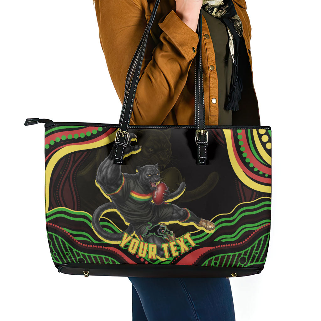 Personalized Penrith Panthers Rugby Mascot Leather Tote Bag Aboriginal Dot Art - Dreamtime Rugby Mascot