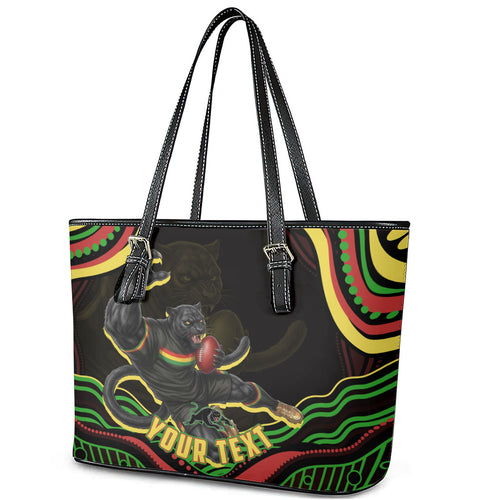 Personalized Penrith Panthers Rugby Mascot Leather Tote Bag Aboriginal Dot Art - Dreamtime Rugby Mascot