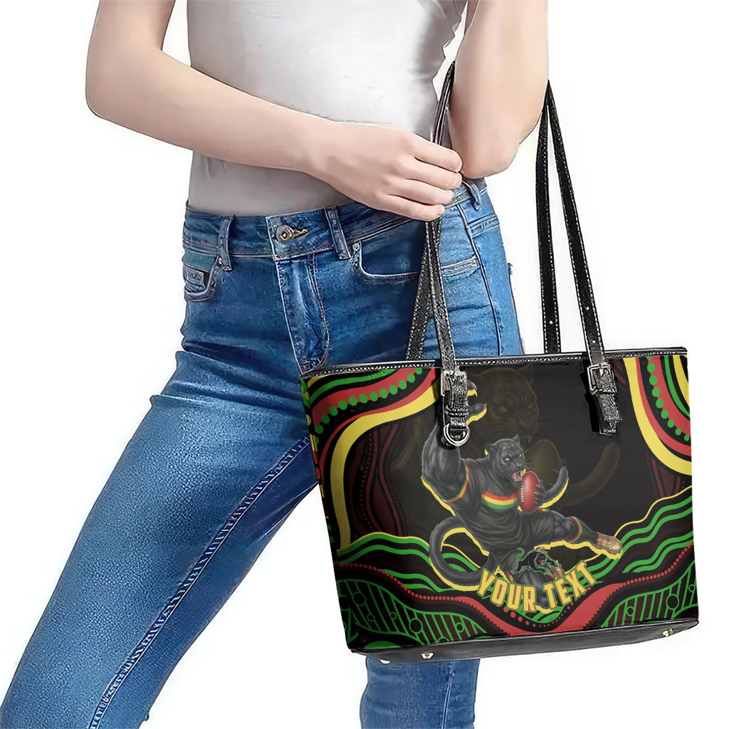 Personalized Penrith Panthers Rugby Mascot Leather Tote Bag Aboriginal Dot Art - Dreamtime Rugby Mascot