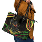 Personalized Penrith Panthers Rugby Mascot Leather Tote Bag Aboriginal Dot Art - Dreamtime Rugby Mascot