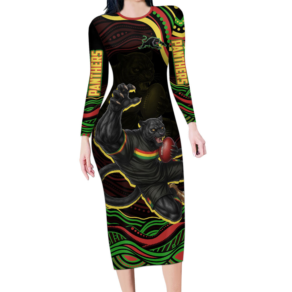 Personalized Penrith Panthers Rugby Mascot Long Sleeve Bodycon Dress Aboriginal Dot Art - Dreamtime Rugby Mascot
