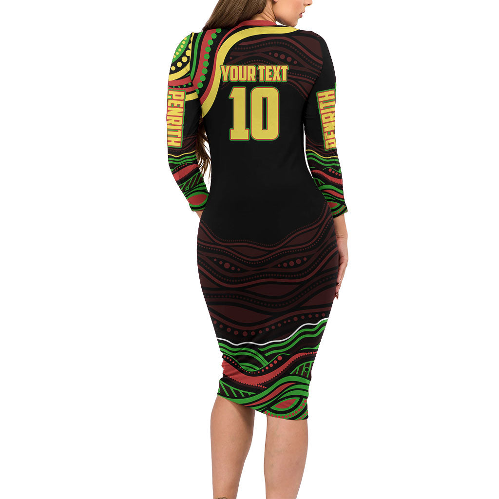 Personalized Penrith Panthers Rugby Mascot Long Sleeve Bodycon Dress Aboriginal Dot Art - Dreamtime Rugby Mascot