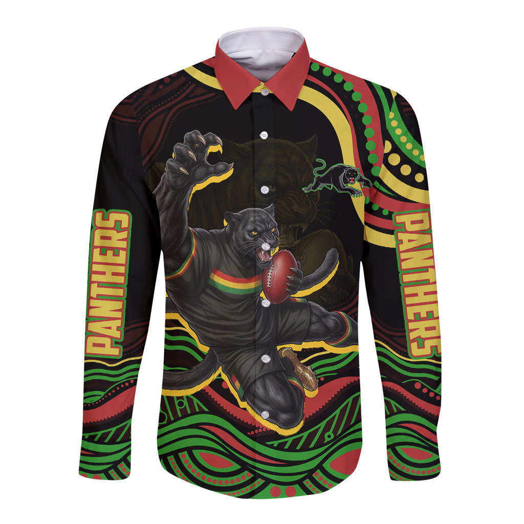 Personalized Penrith Panthers Rugby Mascot Long Sleeve Button Shirt Aboriginal Dot Art - Dreamtime Rugby Mascot