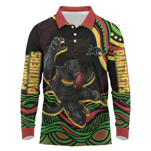 Personalized Penrith Panthers Rugby Mascot Long Sleeve Polo Shirt Aboriginal Dot Art - Dreamtime Rugby Mascot