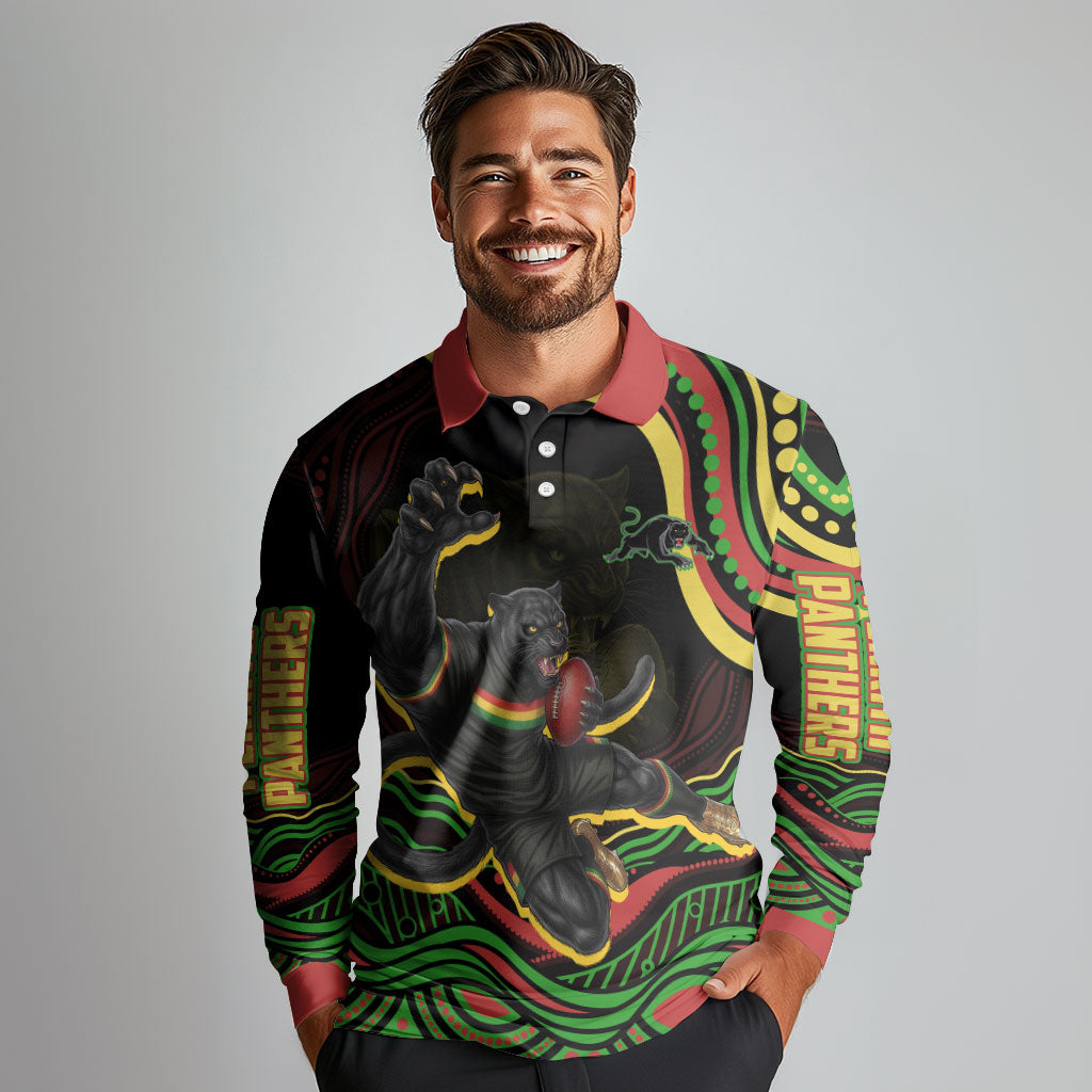 Personalized Penrith Panthers Rugby Mascot Long Sleeve Polo Shirt Aboriginal Dot Art - Dreamtime Rugby Mascot