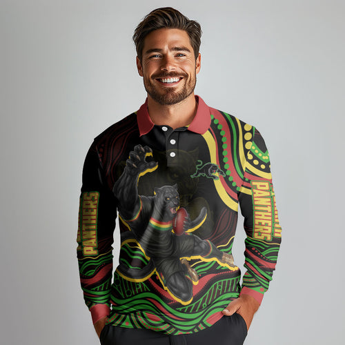 Personalized Penrith Panthers Rugby Mascot Long Sleeve Polo Shirt Aboriginal Dot Art - Dreamtime Rugby Mascot