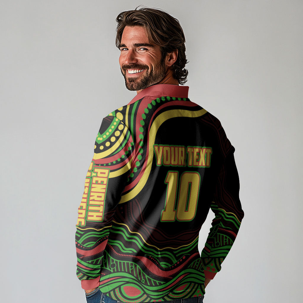 Personalized Penrith Panthers Rugby Mascot Long Sleeve Polo Shirt Aboriginal Dot Art - Dreamtime Rugby Mascot