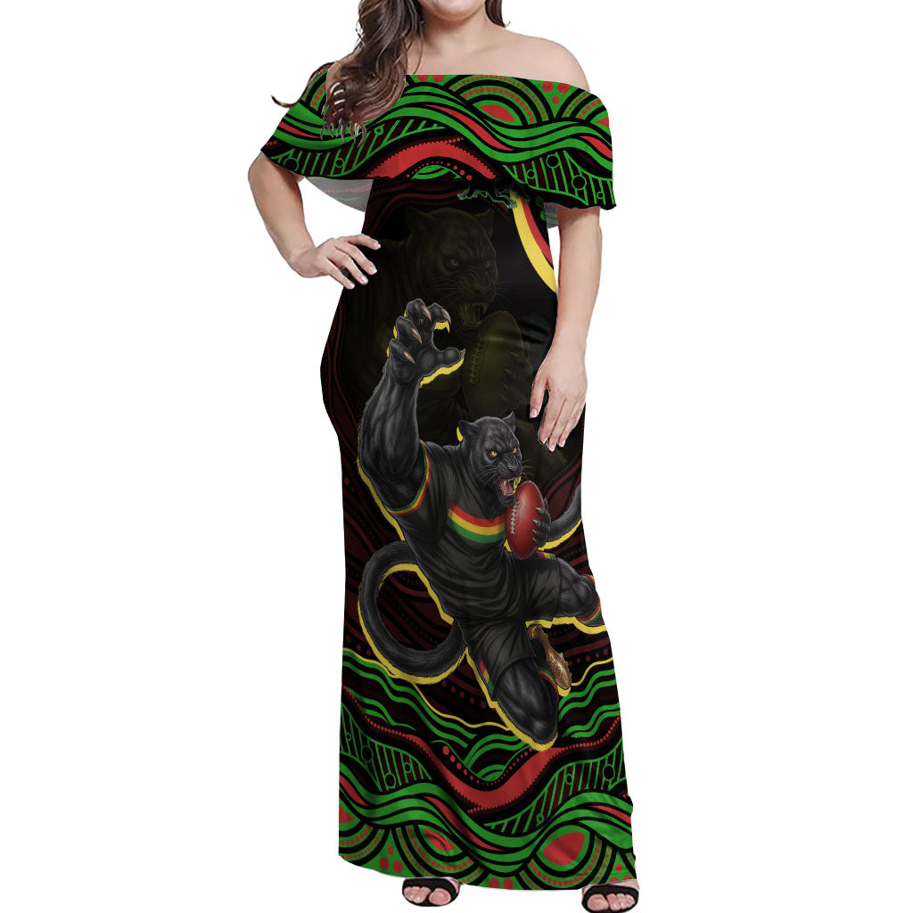 Personalized Penrith Panthers Rugby Mascot Off Shoulder Maxi Dress Aboriginal Dot Art - Dreamtime Rugby Mascot