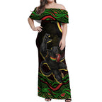 Personalized Penrith Panthers Rugby Mascot Off Shoulder Maxi Dress Aboriginal Dot Art - Dreamtime Rugby Mascot