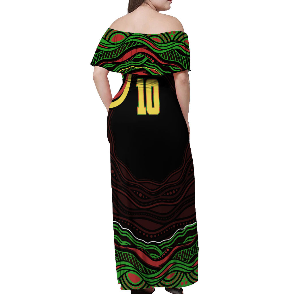 Personalized Penrith Panthers Rugby Mascot Off Shoulder Maxi Dress Aboriginal Dot Art - Dreamtime Rugby Mascot