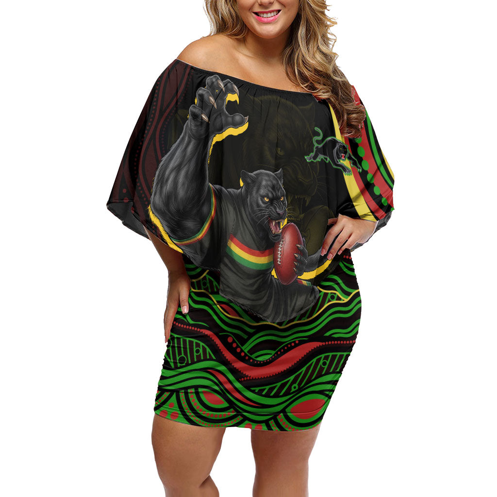 Personalized Penrith Panthers Rugby Mascot Off Shoulder Short Dress Aboriginal Dot Art - Dreamtime Rugby Mascot