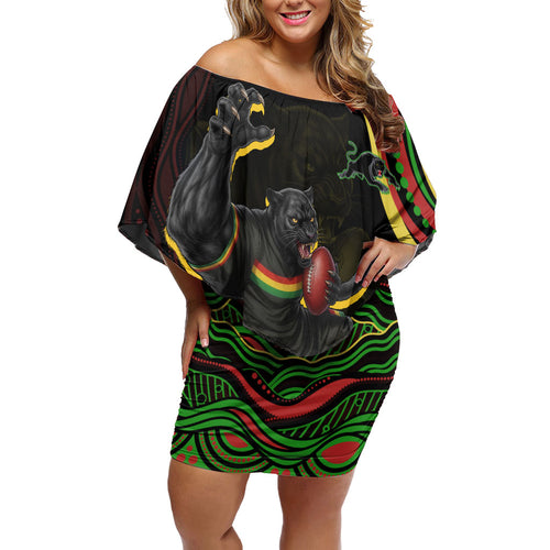 Personalized Penrith Panthers Rugby Mascot Off Shoulder Short Dress Aboriginal Dot Art - Dreamtime Rugby Mascot