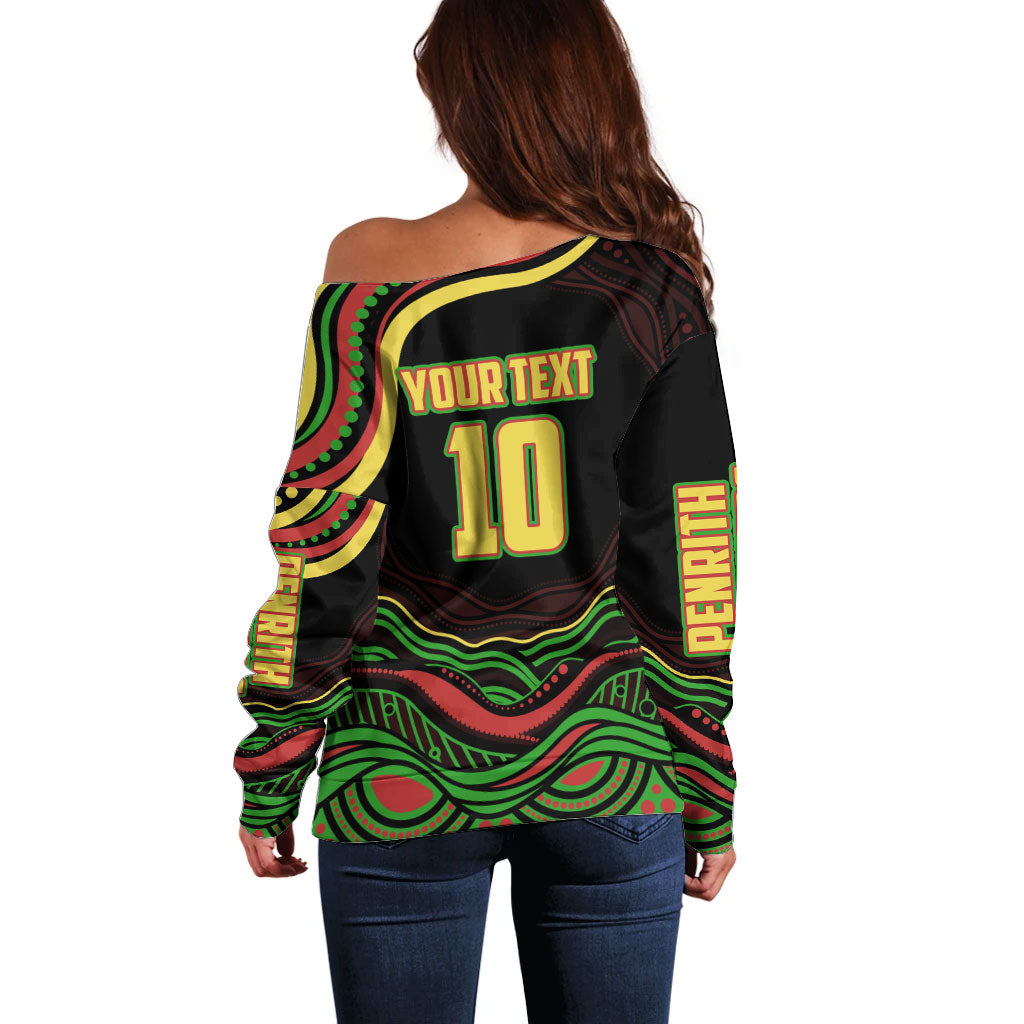 Personalized Penrith Panthers Rugby Mascot Off Shoulder Sweater Aboriginal Dot Art - Dreamtime Rugby Mascot