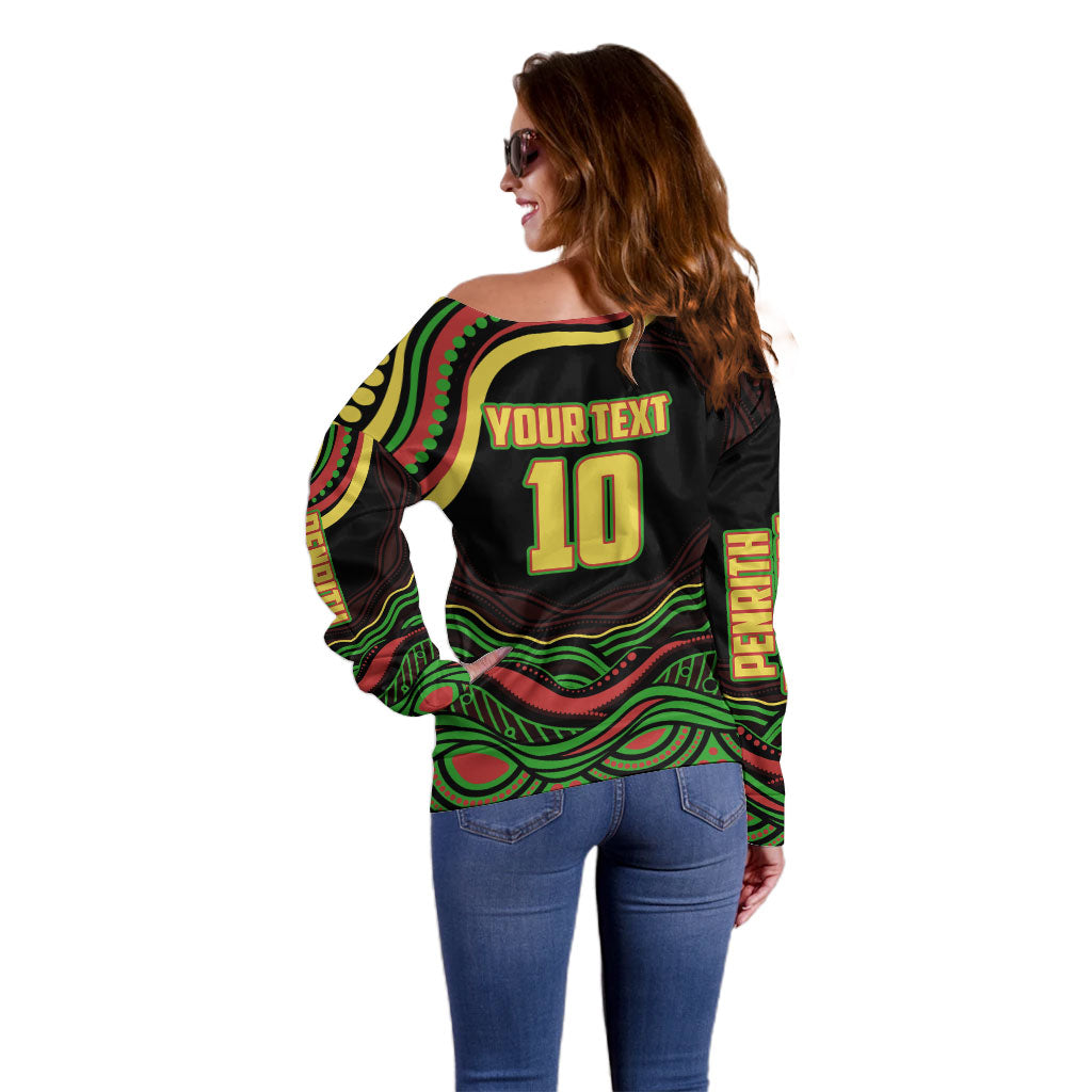 Personalized Penrith Panthers Rugby Mascot Off Shoulder Sweater Aboriginal Dot Art - Dreamtime Rugby Mascot