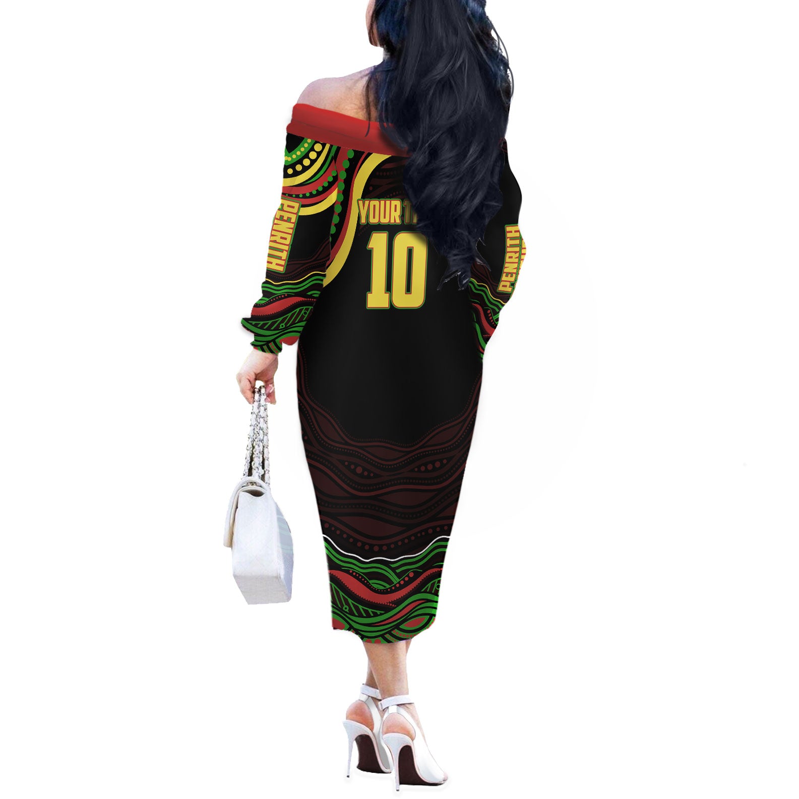 Personalized Penrith Panthers Rugby Mascot Off The Shoulder Long Sleeve Dress Aboriginal Dot Art - Dreamtime Rugby Mascot