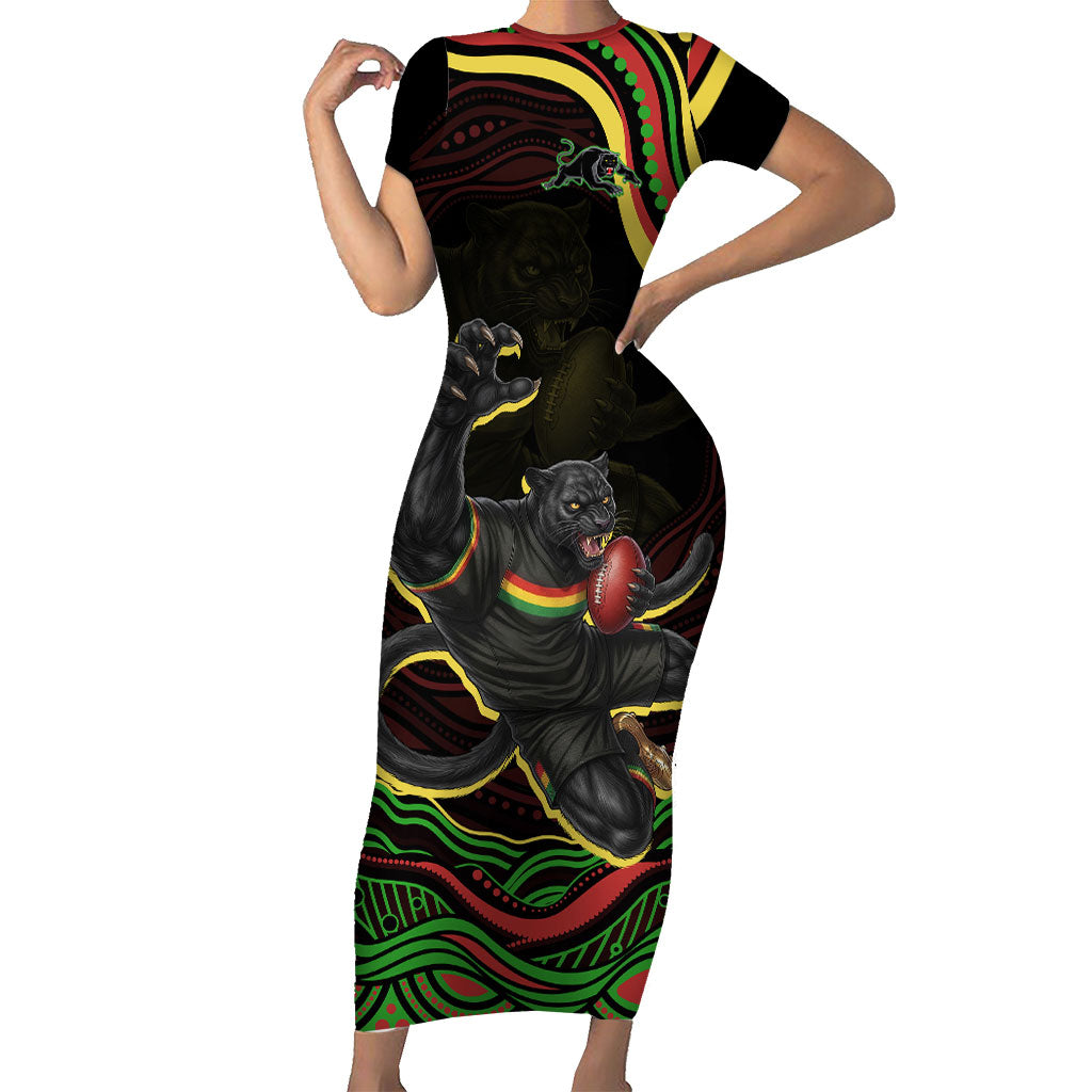 Personalized Penrith Panthers Rugby Mascot Short Sleeve Bodycon Dress Aboriginal Dot Art - Dreamtime Rugby Mascot