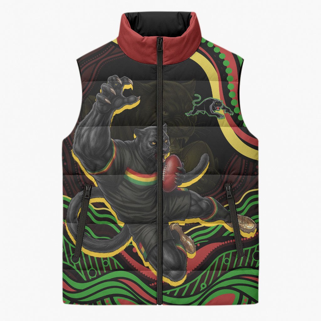 Personalized Penrith Panthers Rugby Mascot Sleeveless Puffer Jacket Aboriginal Dot Art - Dreamtime Rugby Mascot