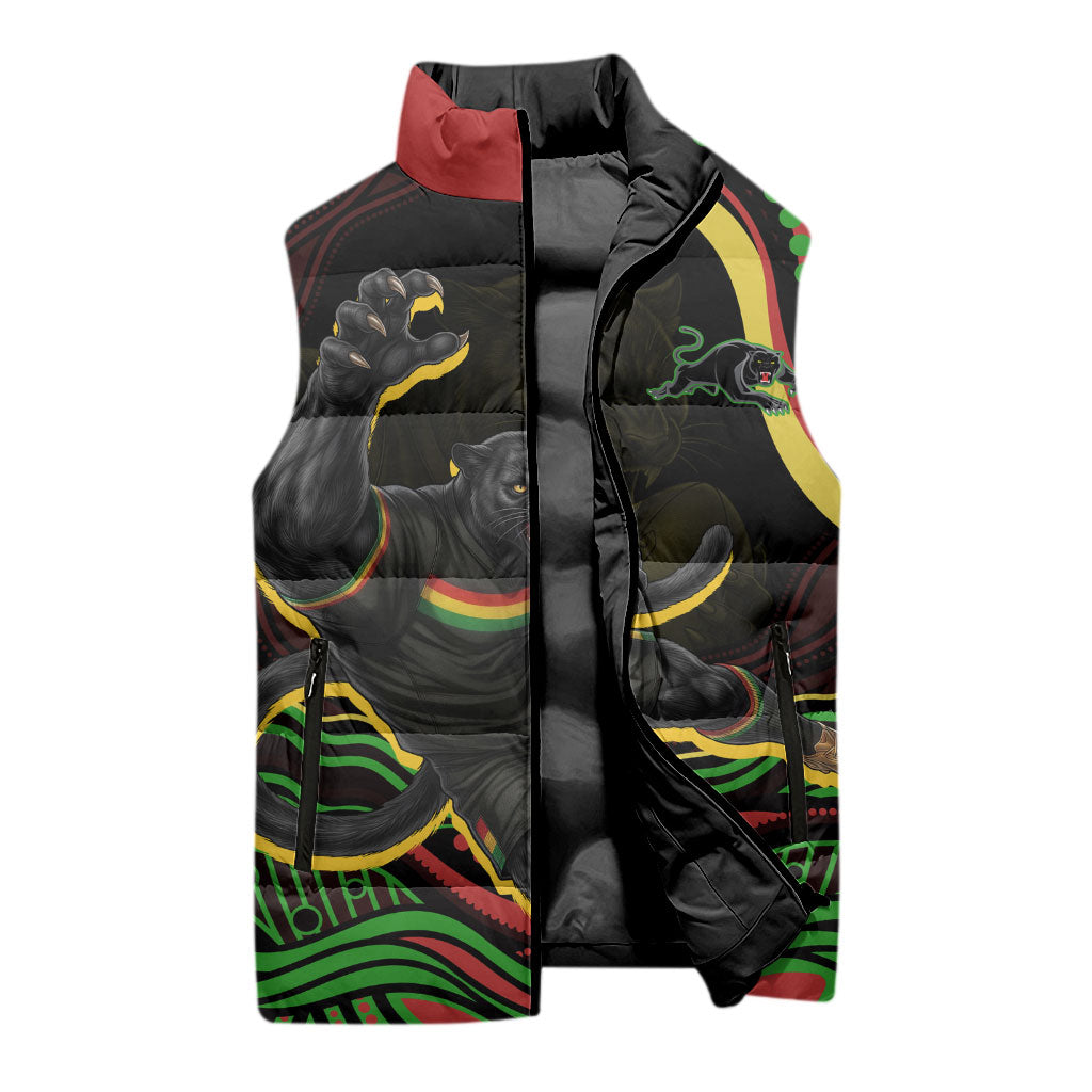 Personalized Penrith Panthers Rugby Mascot Sleeveless Puffer Jacket Aboriginal Dot Art - Dreamtime Rugby Mascot