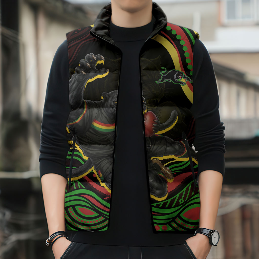 Personalized Penrith Panthers Rugby Mascot Sleeveless Puffer Jacket Aboriginal Dot Art - Dreamtime Rugby Mascot
