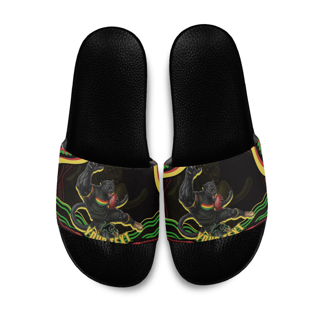 Personalized Penrith Panthers Rugby Mascot Slide Sandals Aboriginal Dot Art - Dreamtime Rugby Mascot
