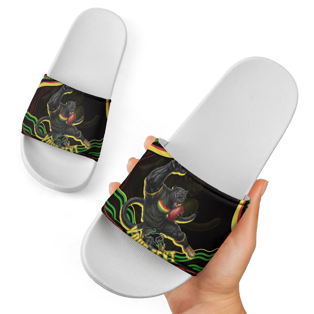 Personalized Penrith Panthers Rugby Mascot Slide Sandals Aboriginal Dot Art - Dreamtime Rugby Mascot